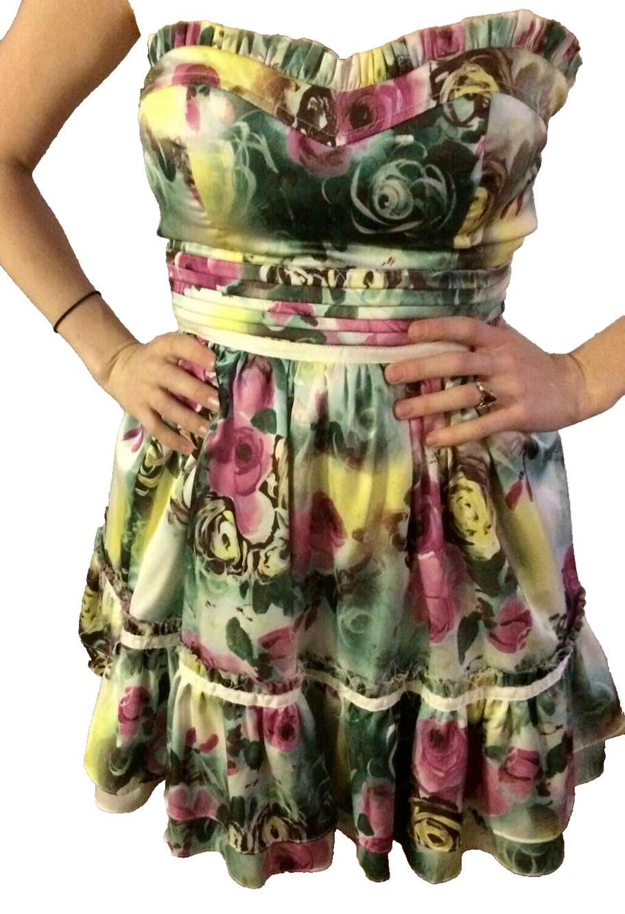 MINUET Womens Coquette Strapless Dress Size Small Tiered Floral Ruffles Fairy